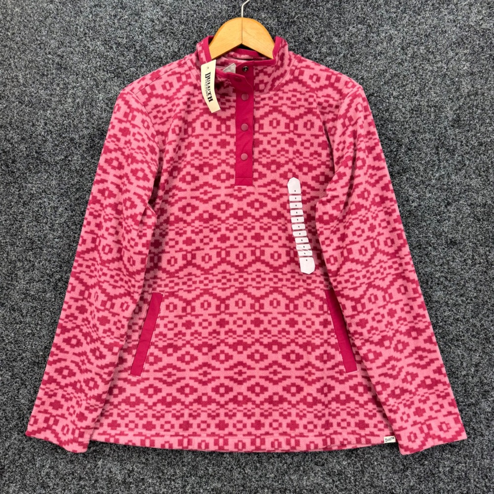 Duluth Trading Co Womens Doubleback Printed Fleece Pullover Pink Geometric M NEW
